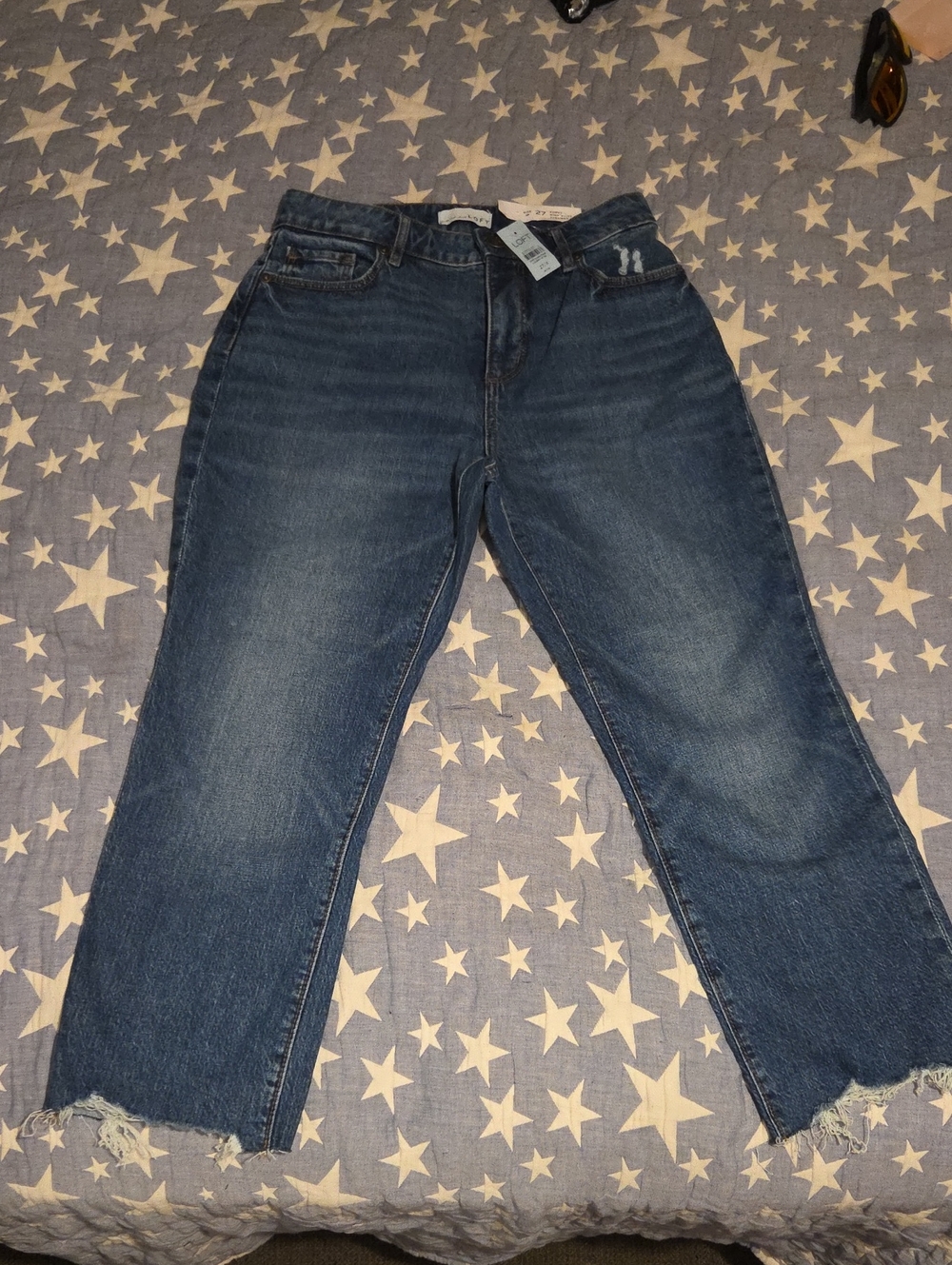 LOFT Blue Straight Leg Jeans with Raw Hem